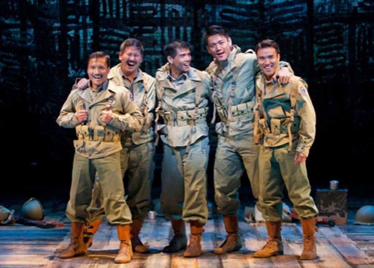  Telly Leung as Sammy Kimura (center) with (from left) Jon Jon Briones, Scott Watanabe, Karl Josef Co and Marc de la Cruz in the World Premiere of Allegiance - A New American Musical, with music and lyrics by Jay Kuo and book by Marc Acito, Kuo and Lorenz at 