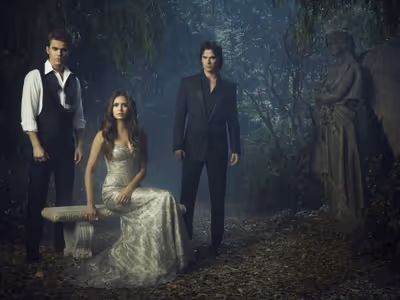  (L-R): Paul Wesley as Stefan, Nina Dobrev as Elena, and Ian Somerhalder as Damon Photo