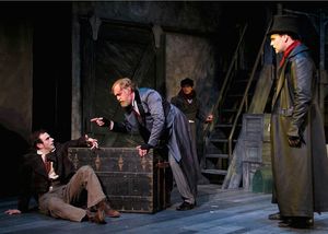 Robbie Collier Sublett as the Artful Dodger; Ames Adamson as Fagin, a receiver of stolen goods; Jeffrey M. Bender as Bill Sikes, a brutal thief with Quentin McCuiston (rear) as Oliver Twist @ BroadwayWorld Robbie Collier Sublett as the Artful Dodger; Ames Adamson as Fagin, a receiver of sto Photo