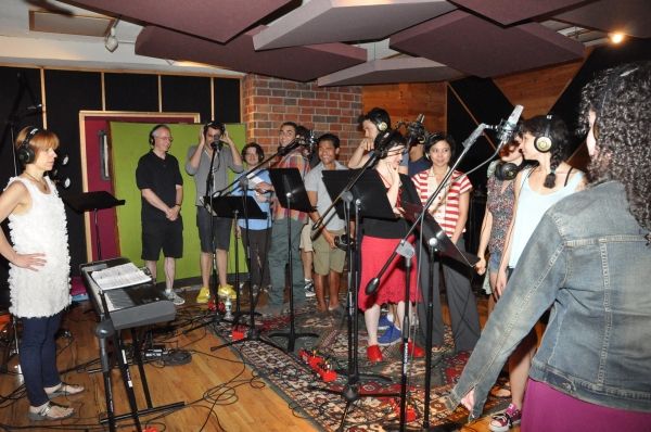 Wendy Bobbit Cavett with the cast of Mamma Mia! that includes-Blake Whyte, Victor Wal Photo