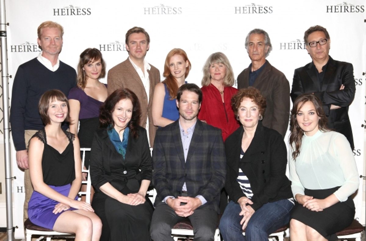 The Company: (L-R back row) Ben Livingston, Mairin Lee, Dan Stevens, Jessica Chastain, Judith Ivey, David Strathairn, Moises Kaufman (L-R front row) Molly Camp, Dee Nelson, Kieran Campion, Caitlin O'Connell and Virginia Kull  at 