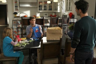  Pictured: (l-r) Bebe Wood as Shania, Andrew Rannells as Bryan, Justin Bartha as Davi Photo