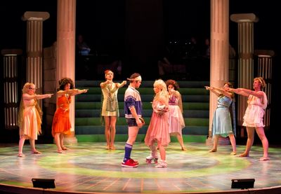 Center, Sam Wolf as Sonny Malone and Kathleen Rooney* as Kira; from left Greek Muses  Photo