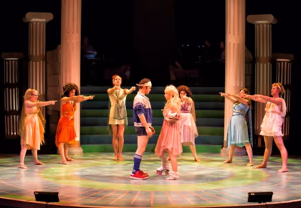 Center, Sam Wolf as Sonny Malone and Kathleen Rooney* as Kira; from left Greek Muses  Photo