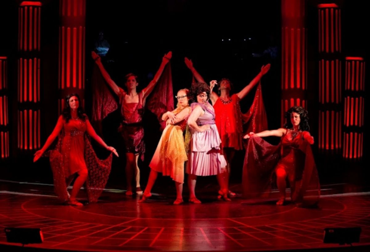 Leslie Andrews as Calliope (center, left)  and Aimee Collier as Melpomene (center, right) with Sirens: Maggie Stahl, Ben Donahoo, Matthew Ryan Thompson and Kathleen Ferrini at 