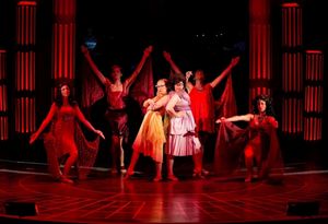 Leslie Andrews as Calliope (center, left)  and Aimee Collier as Melpomene (center, ri Photo