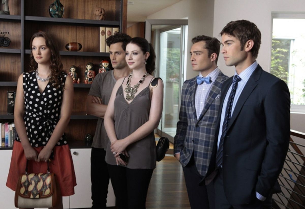  Leighton Meester as Blair Waldorf, Penn Badgley as Dan Humphrey, Michelle Trachtenberg as Georgina Sparks, Ed Westwick as Chuck Bass and Chace Crawford as Nate Archibald at 