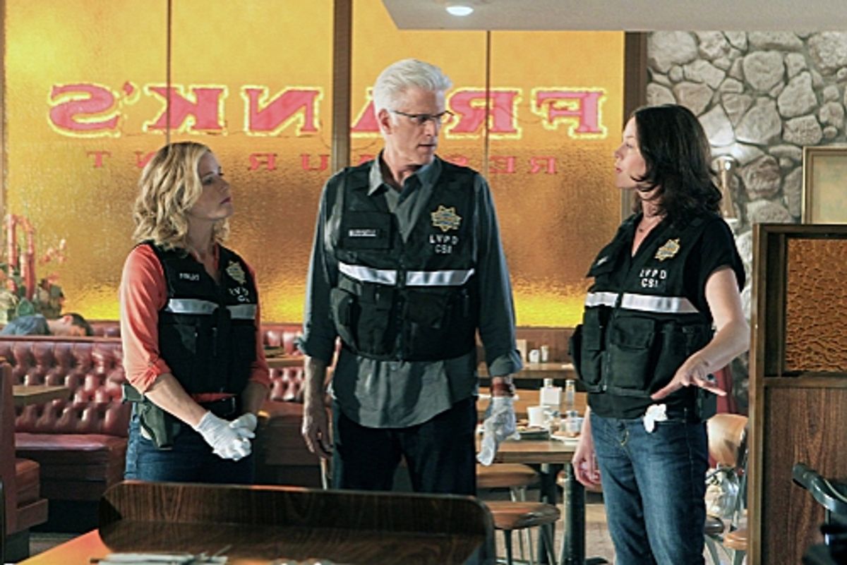  Julie Finlay (Elisabeth Shue, left) and D.B. Russell (Ted Danson, middle) listen as Sara Sidle (Jorja Fox) explains what she believes happened at 