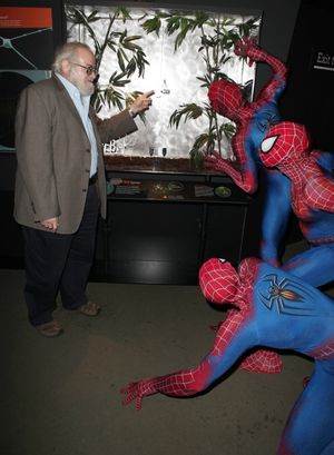 Spider-man cast  &  Norman Platnik curator of  'Spiders Alive!' Photo