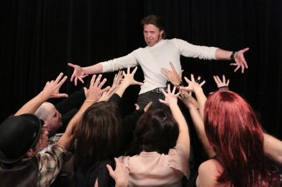 John Sparger and the cast of New Line Theatre's "Bloody Bloody Andrew Jackson." Photo