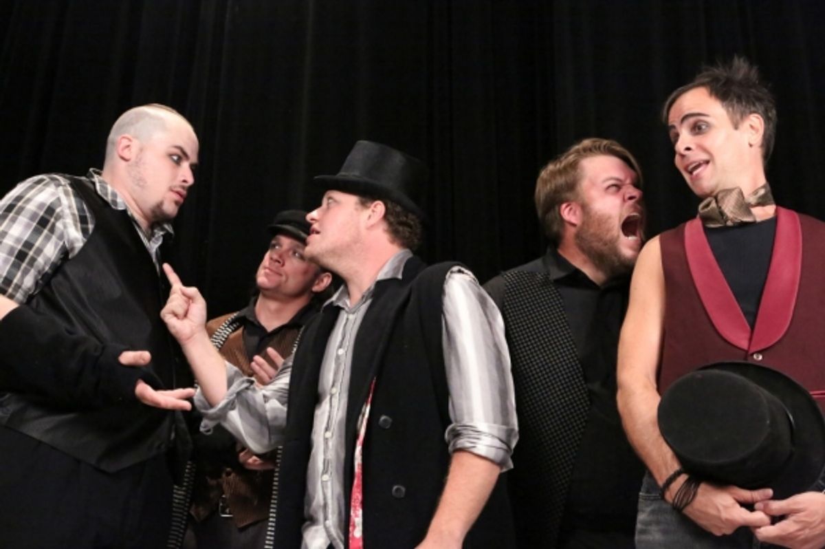 The Politicians in New Line Theatre's 'Bloody Bloody Andrew Jackson' -- From left to right, Zachary Allen Farmer as John Quincy Adams, BC Stands as John Calhoun, Mike Dowdy as James Monroe, Nicholas Kelly as Henry Clay, and Brian Claussen as Martin Van Bu at 