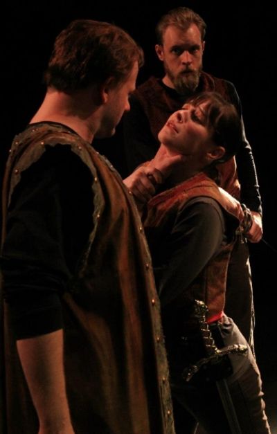 Pictured L-R (foreground) are Segismundo (David Wald) and Rosaura (Beth Lazarou) and  Photo
