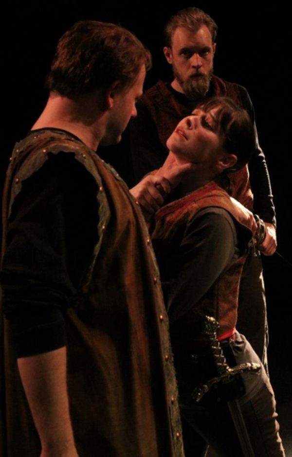 Pictured L-R (foreground) are Segismundo (David Wald) and Rosaura (Beth Lazarou) and  Photo