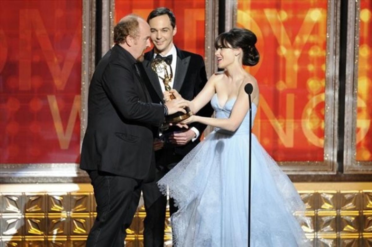  THE 64TH PRIMETIME EMMY(r) AWARDS - The 64th Primetime Emmy Awards broadcasts live from 8:00-11:00 p.m., ET/5:00-8:00 p.m., PT., Sunday, September 23, 2012 exclusively on ABC. (ABC/TODD WAWRYCHUK)LOUIS C.K., JIM PARSONS, ZOOEY DESCHANEL at 