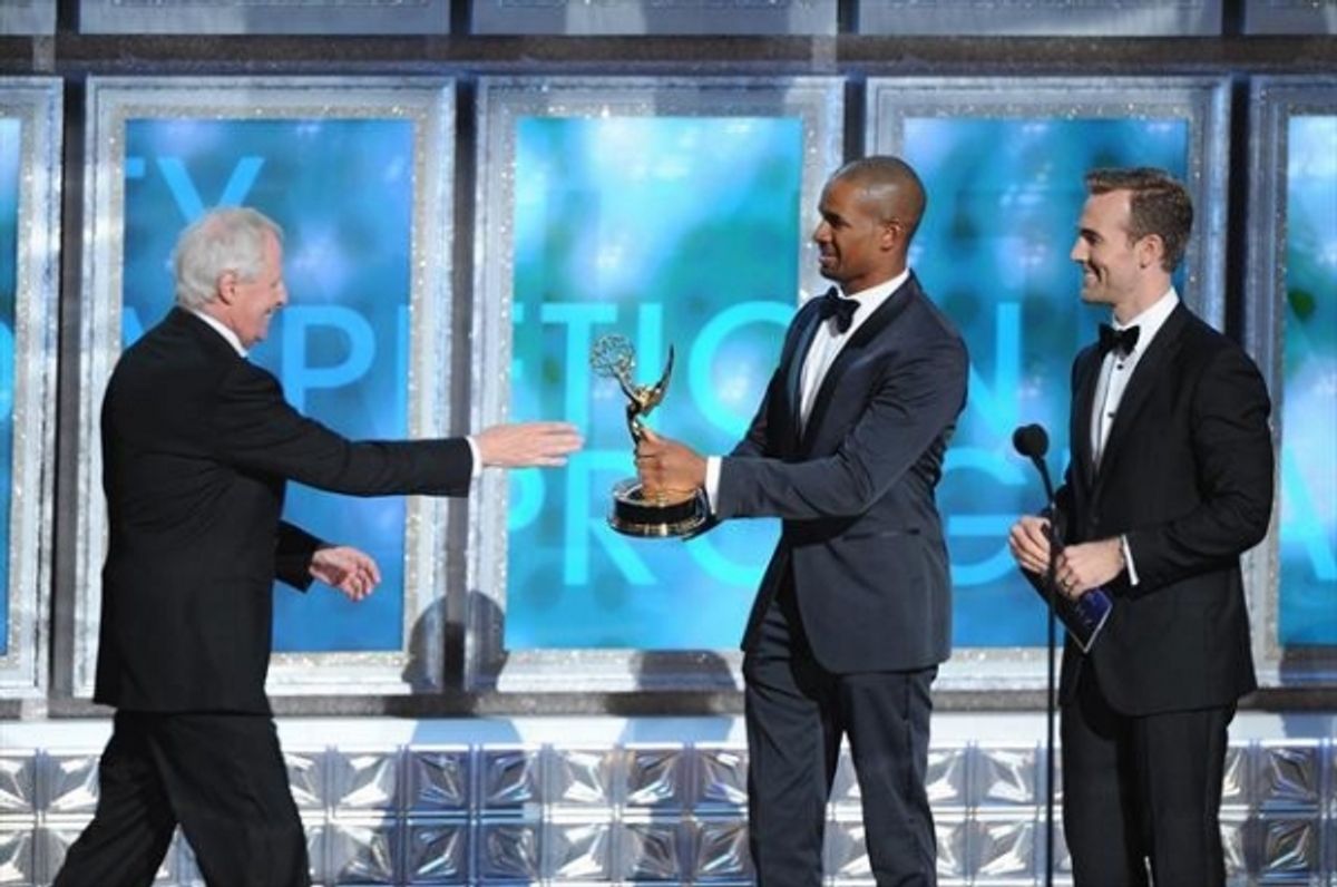  THE 64TH PRIMETIME EMMY(r) AWARDS - The 64th Primetime Emmy Awards broadcasts live from 8:00-11:00 p.m., ET/5:00-8:00 p.m., PT., Sunday, September 23, 2012 exclusively on ABC. (ABC/TODD WAWRYCHUK)BERTRAM VAN MUNSTER, DAMON WAYANS JR., JAMES VAN DER BEEK at 