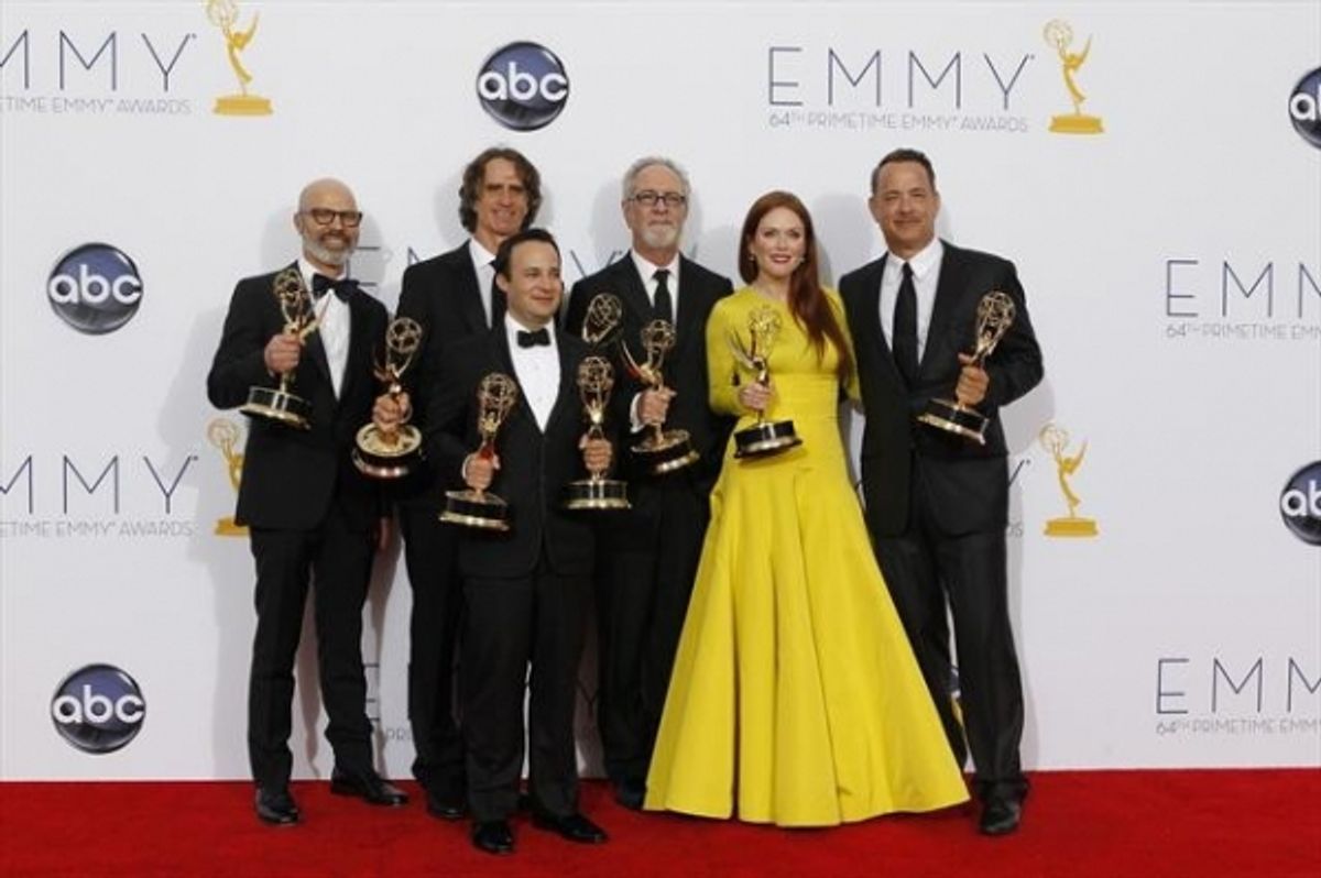  THE 64TH PRIMETIME EMMY(r) AWARDS - The 64th Primetime Emmy Awards broadcasts live from 8:00-11:00 p.m., ET/5:00-8:00 p.m., PT., Sunday, September 23, 2012 exclusively on ABC. (ABC/RICK ROWELL)STEVEN SHARESHIAN, JAY ROACH, DANNY STRONG, GARY GOETZMAN, JU at 