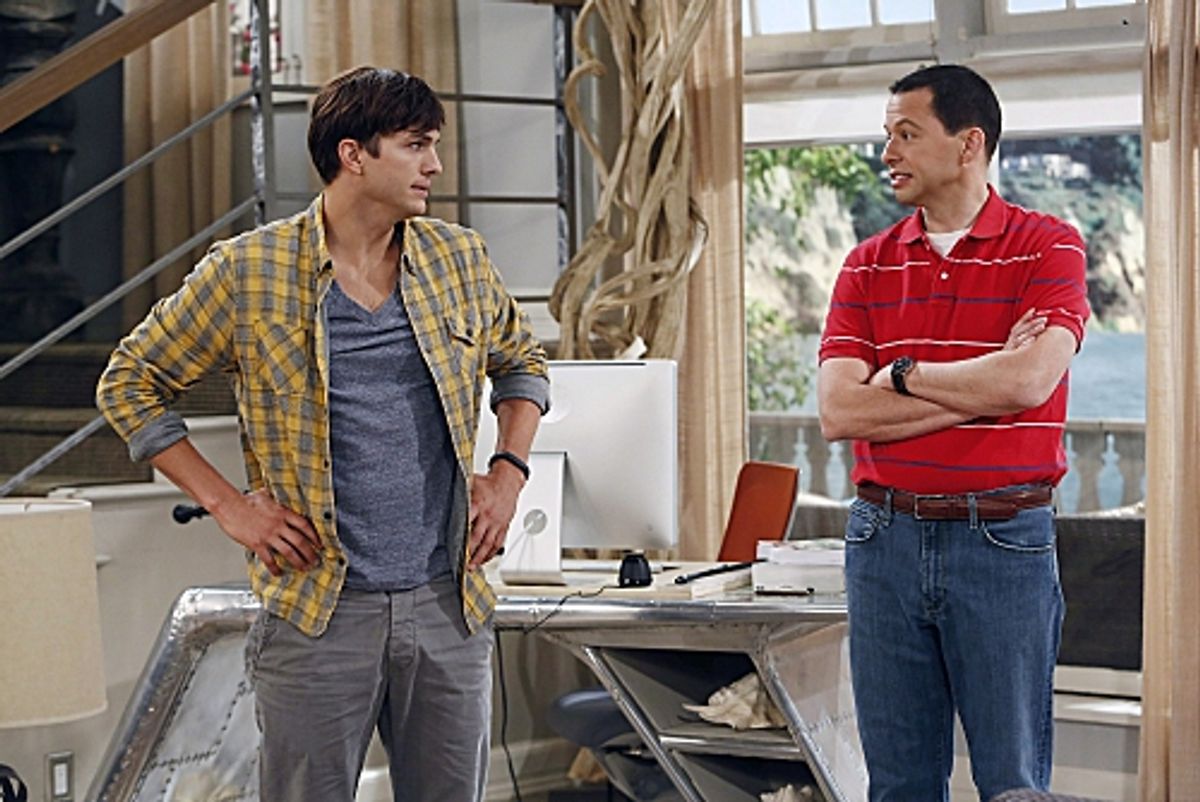  'You Know What the Lollipop is For'--Walden (Ashton Kutcher, left) starts to feel his age when Missi, the daughter of a friend, comes to town, on TWO AND A HALF MEN, Thursday, Oct. 18 (8:30-9:00 PM, ET/PT) on the CBS Television Network. Also pictured: Jo at 