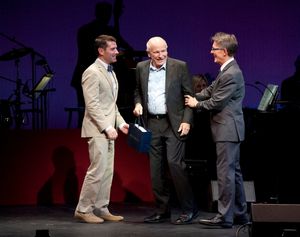 Chad Beguelin, playwright; Terrence McNally, honoree; Mark Lamos, Westport Country Playhouse artistic director @ BroadwayWorld Chad Beguelin, playwright; Terrence McNally, honoree; Mark Lamos, Westport Country P Photo
