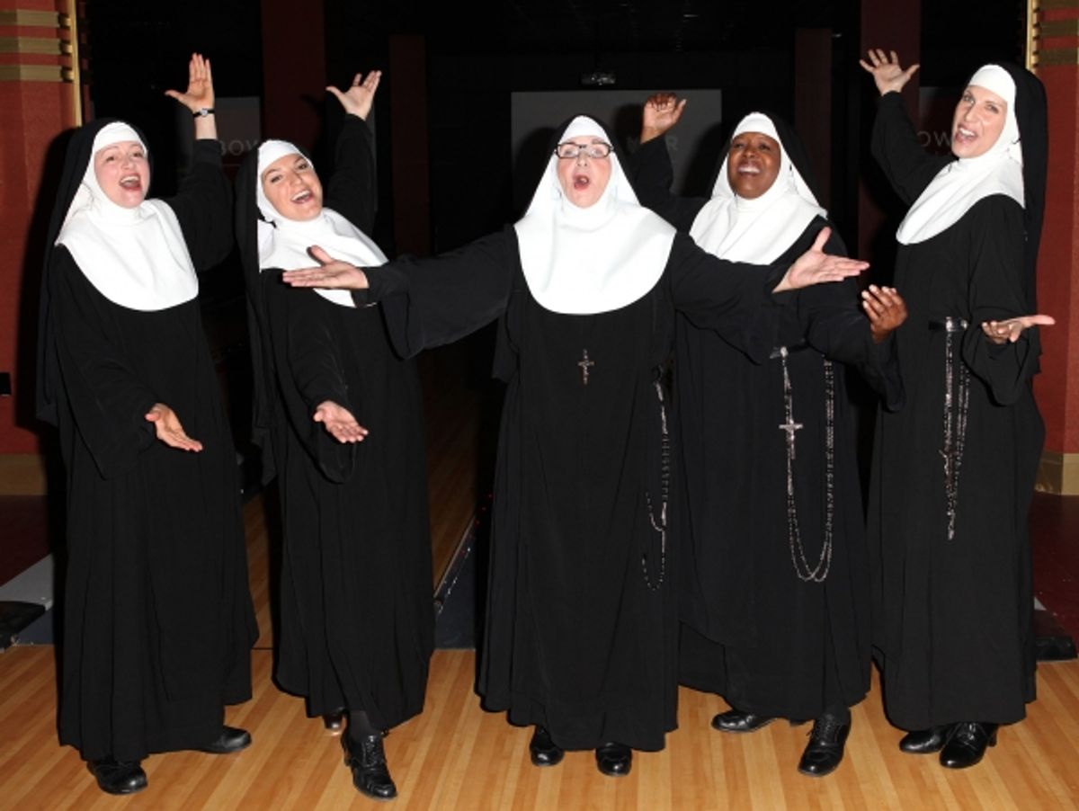 Jeanne Tinker,Christine Mild, Cindy Williams, Bambi Jones and Stephanie Wahl  performing a preview of 'Nunset Boulevard: The Nunsense Hollywood Bowl Show' at the Bowlmor Lanes Thursday, Sept. 27, 2012 in Times Square, New York.  at 