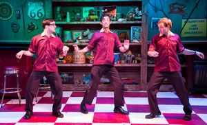 L to R: Mark Ivy as EuGene Johnson, Dylan Godwin as Wally Patton, and Adam Gibbs as Denny Varney. Photo by Bruce Bennett. @ BroadwayWorld L to R: Mark Ivy as EuGene Johnson, Dylan Godwin as Wally Patton, and Adam Gibbs as D Photo