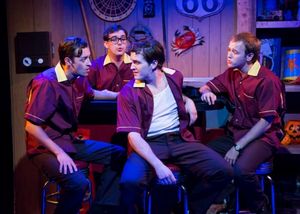 L to R: Dylan Godwin as Wally Patton, Mark Ivy as EuGene Johnson, Cameron Bautsch as Skip Henderson, and Adam Gibbs as Denny Varney. Photo by Bruce Bennett. @ BroadwayWorld L to R: Dylan Godwin as Wally Patton, Mark Ivy as EuGene Johnson, Cameron Bautsch as Photo
