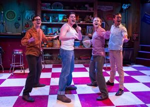 L to R: Mark Ivy as Eugene Johnson, Cameron Bautsch as Skip Henderson, Adam Gibbs as Denny Varney, and Dylan Godwin as Wally Patton. Photo by Bruce Bennett. @ BroadwayWorld L to R: Mark Ivy as Eugene Johnson, Cameron Bautsch as Skip Henderson, Adam Gibbs as Photo