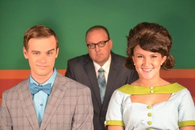 Nathan Jentink (Finch), Kevin Covert (J.B. Biggley), and Jennifer Maurer (Rosemary)  Photo