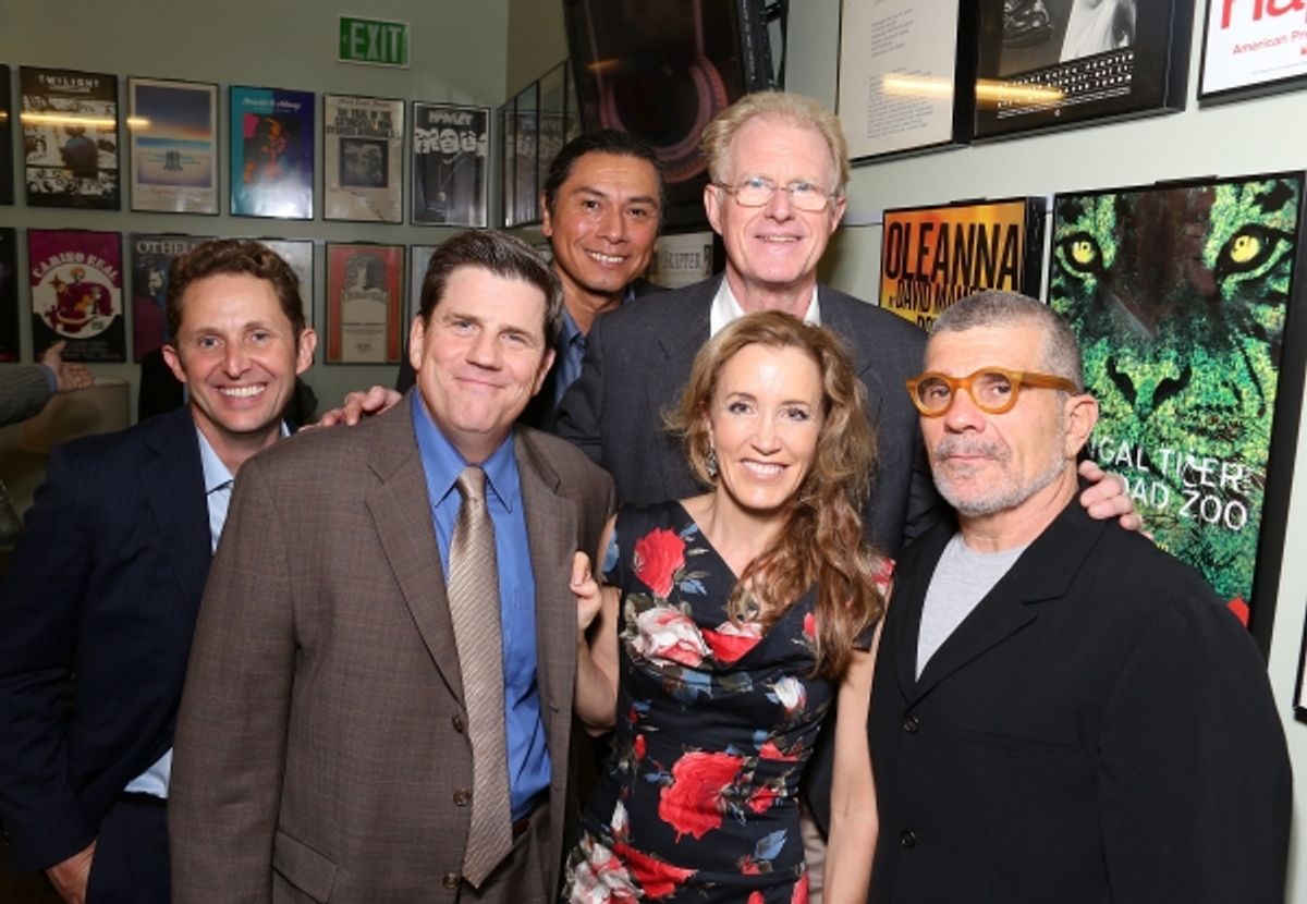 From left, cast members Todd Weeks, Rod McLachlan, Gregory Cruz, Felicity Huffman, Ed Begley, Jr. and playwright David Mamet backstage after the opening night performance of 'November' at the Center Theatre Group/Mark Taper Forum on Sunday, Oct. 7, 2012,  at 