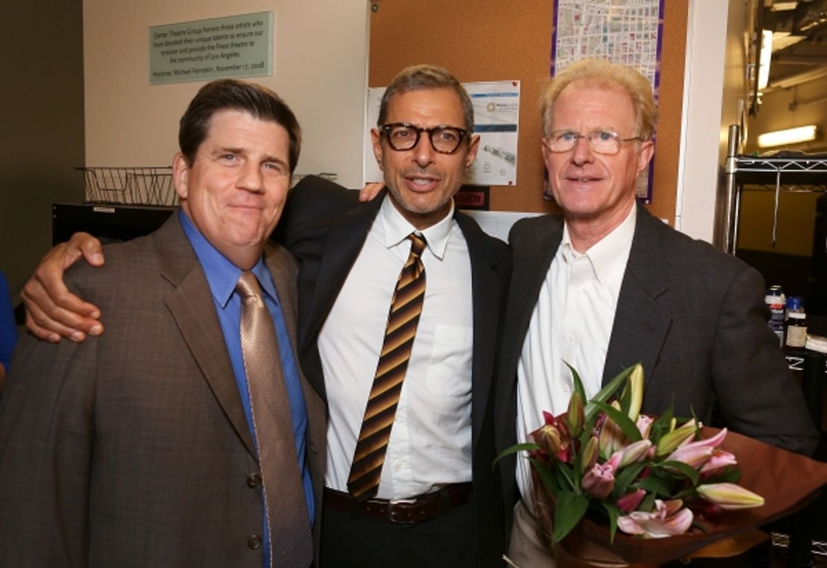 From left, cast member Rod McLachlan, actor Jeff Goldblum and cast member Ed Begley, Jr. pose backstage after the opening night performance of 'November' at the Center Theatre Group/Mark Taper Forum on Sunday,  Oct. 7, 2012, in Los Angeles, Calif. (Photo  at 