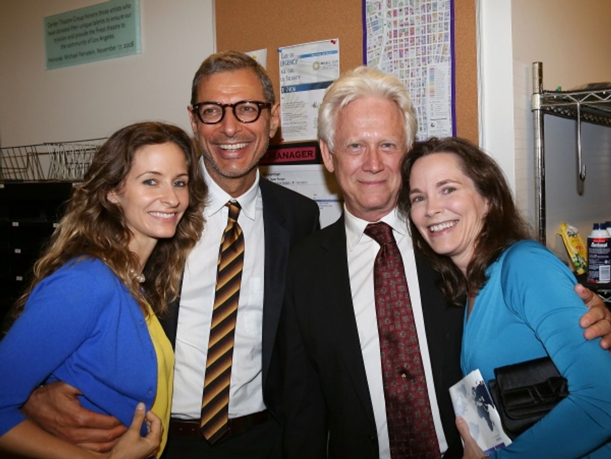 From left, Emilie Livingston, actor Jeff Goldblum, actor Bruce Davison and Michele Correy pose backstage after the opening night performance of 'November' at the Center Theatre Group/Mark Taper Forum on Sunday, Oct. 7, 2012, in Los Angeles, Calif. (Photo
 at 