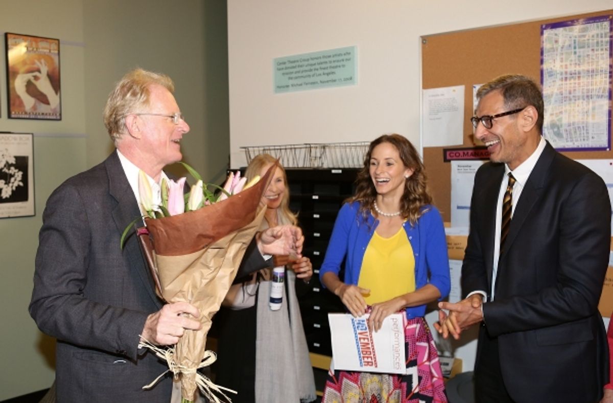 From left, cast member Ed Begley, Jr. is presented flowers by Emilie Livingston and actor Jeff Goldblum backstage after the opening night performance of 'November' at the Center Theatre Group/Mark Taper Forum on Sunday, Oct. 7, 2012, in Los Angeles, Cali
 at 