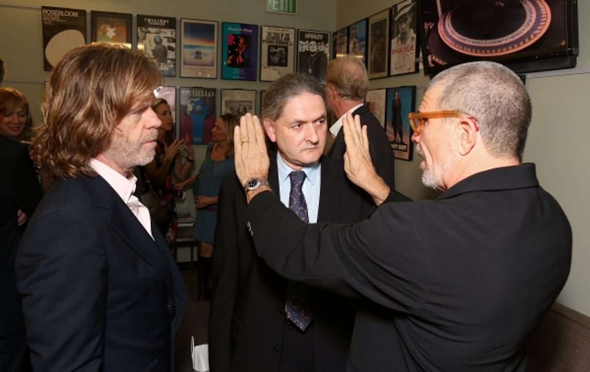 From left, actor William H. Macy, director Scott Zigler and playwright David Mamet talk backstage after the opening night performance of 'November' at the Center Theatre Group/Mark Taper Forum on Sunday, Oct. 7, 2012, in Los Angeles, Calif. (Photo by Rya  at 