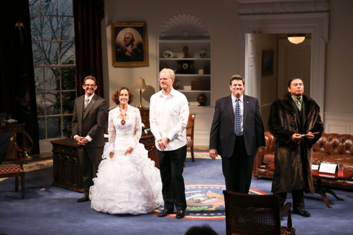 From left, cast members Todd Weeks, Felicity Huffman, Ed Begley, Jr., Rod McLachlan and Gregory Cruz take their curtain call after the opening night performance of 'November' at the Center Theatre Group/Mark Taper Forum on Sunday, Oct. 7, 2012, in Los An
 at 