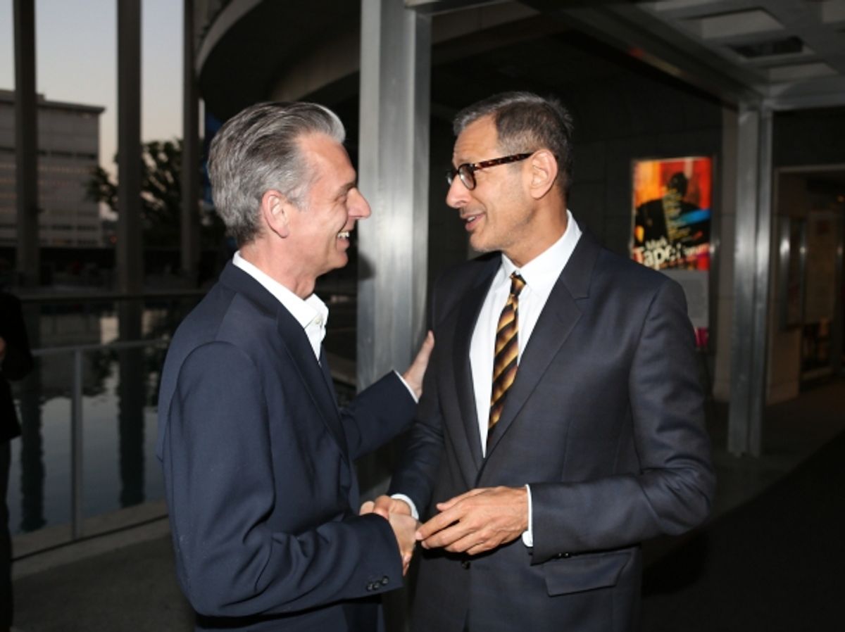 From left, CTG Artistic Director Michael Ritchie and actor Jeff Goldblum talk during the arrivals for the opening night performance of 'November' at the Center Theatre Group/Mark Taper Forum on Sunday, Oct. 7, 2012, in Los Angeles, Calif. (Photo by Ryan 
 at 