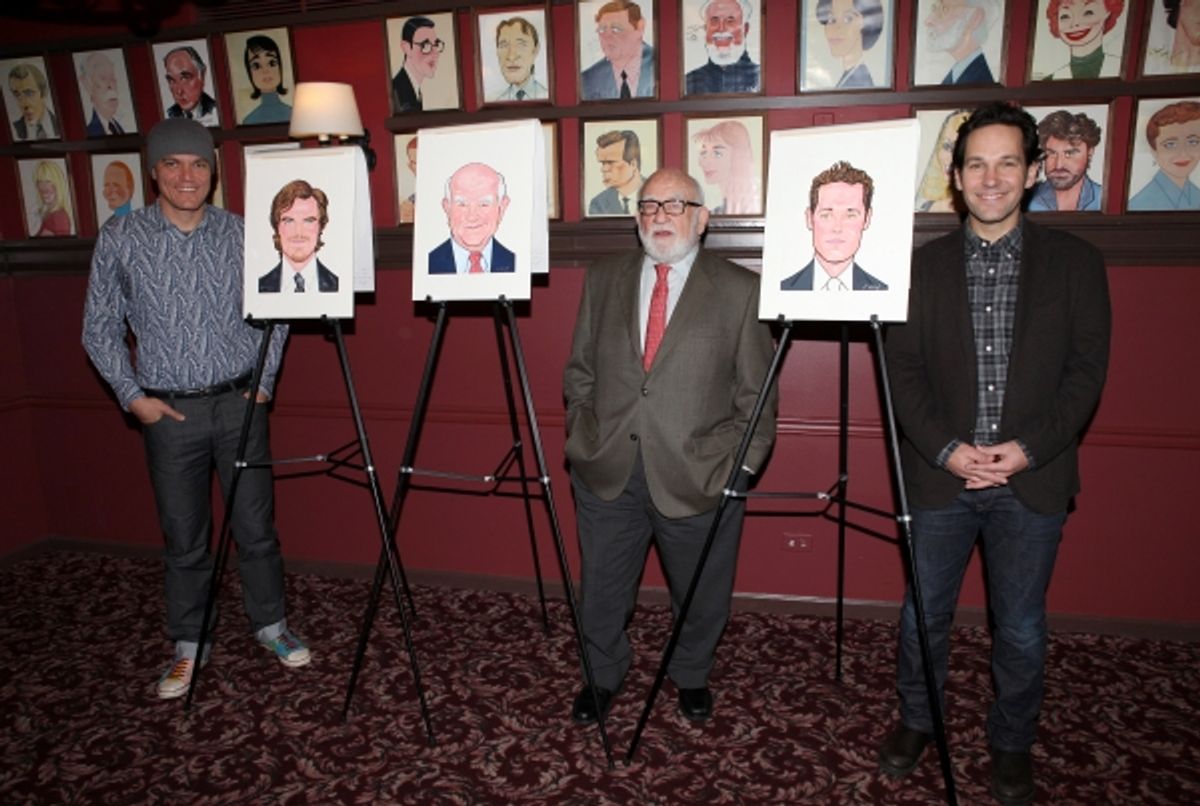 Michael Shannon; Ed Asner and Paul Rudd attending the caricature unveiling and celebration for the cast of Broadway's 'Grace' at Sardi's on October 9, 2012 in New York City at 