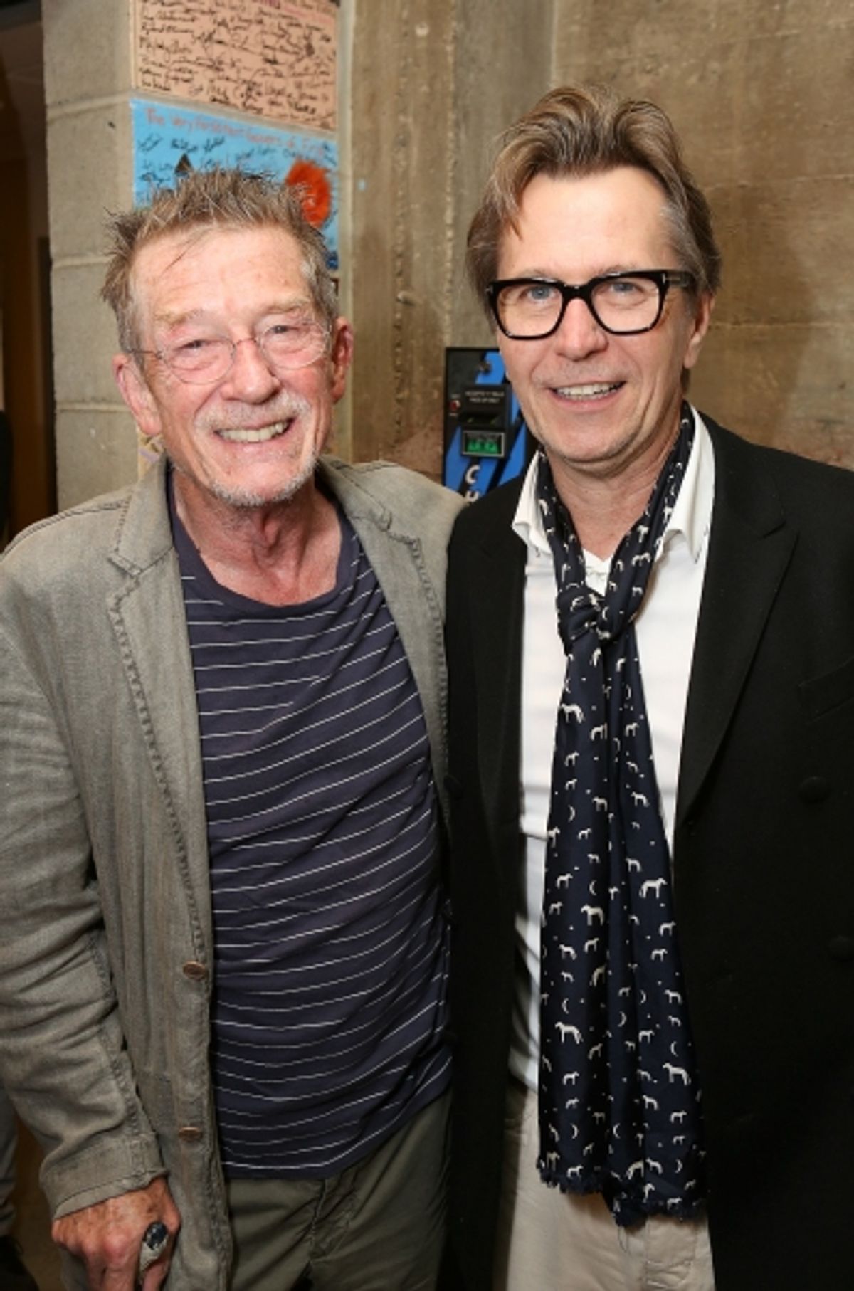 From left, cast member John Hurt and actor Gary Oldman pose backstage after the opening night performance of 'Krapp's Last Tape' at Center Theatre Group's Kirk Douglas Theatre on Wednesday,  Oct. 10, 2012, in Culver City, Calif. (Photo by Ryan Miller/Capt at 