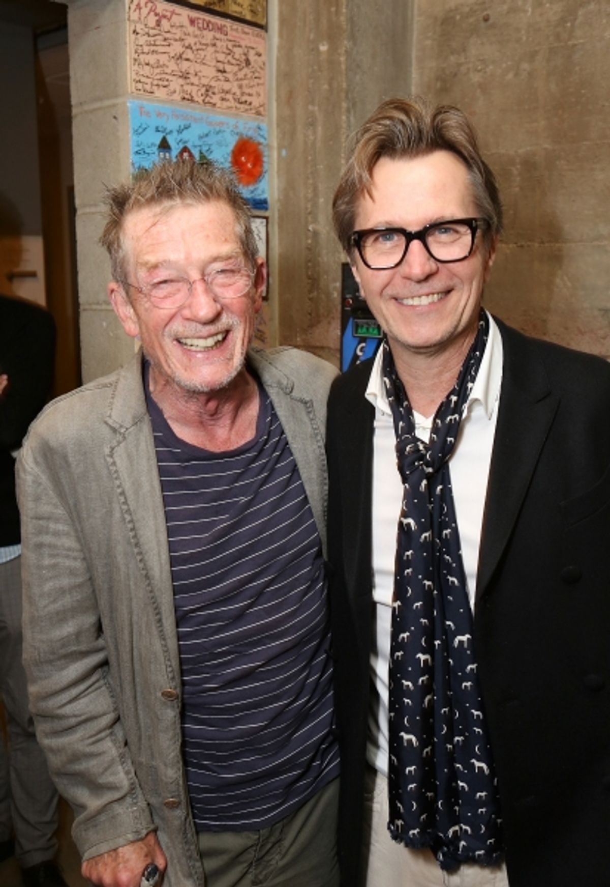 From left, cast member John Hurt and actor Gary Oldman pose backstage after the opening night performance of 'Krapp's Last Tape' at Center Theatre Group's Kirk Douglas Theatre on Wednesday,  Oct. 10, 2012, in Culver City, Calif. (Photo by Ryan Miller/Capt at 