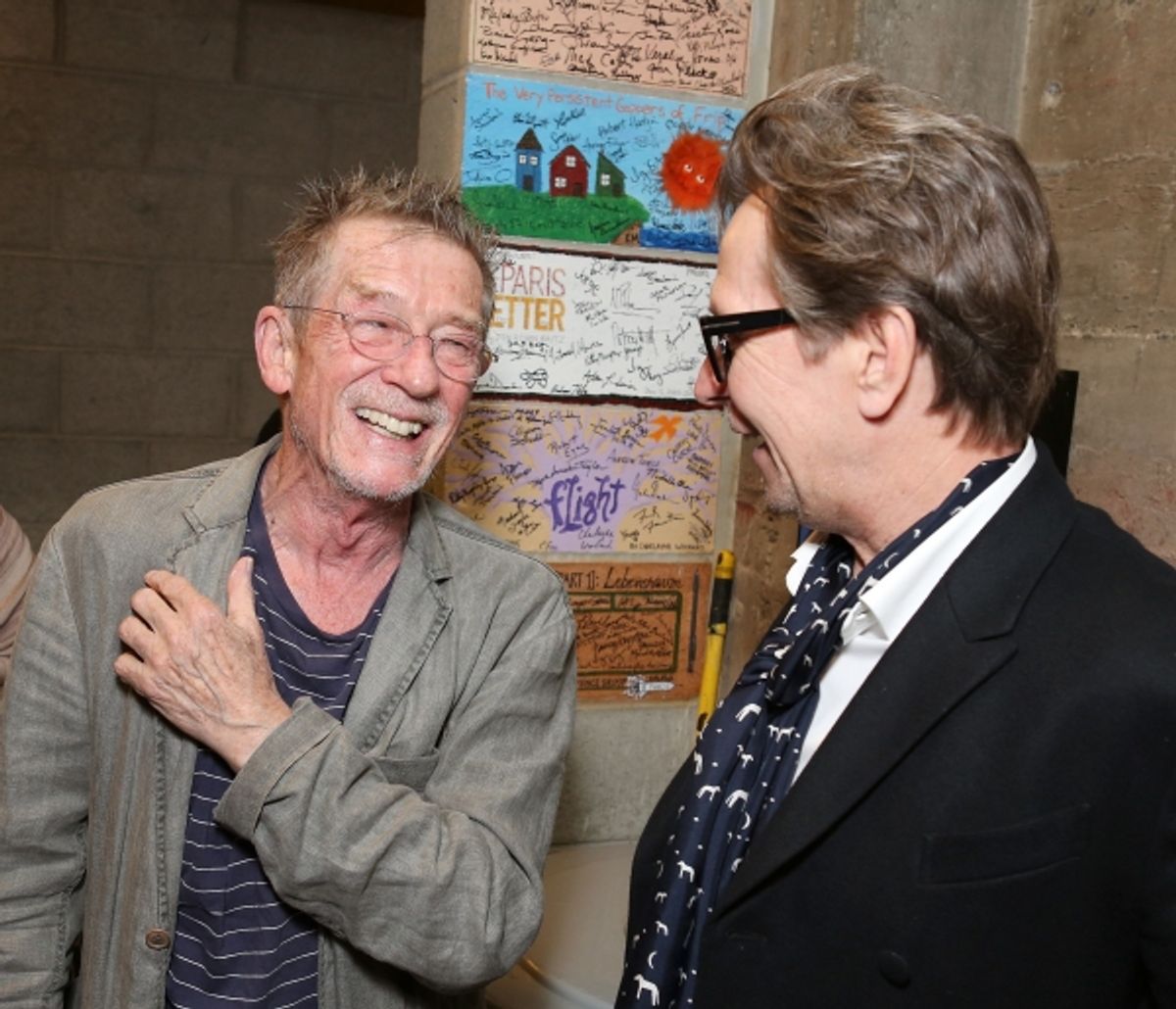 From left, cast member John Hurt is greeted by actor Gary Oldman backstage after the opening night performance of 'Krapp's Last Tape' at Center Theatre Group's Kirk Douglas Theatre on Wednesday,  Oct. 10, 2012, in Culver City, Calif. (Photo by Ryan Miller at 