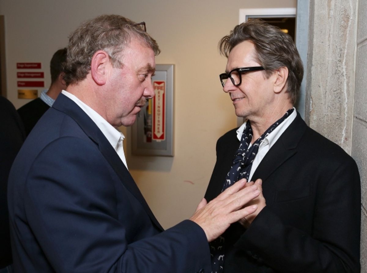 From left, director Michael Colgan and actor Gary Oldman talk backstage after the opening night performance of 'Krapp's Last Tape' at Center Theatre Group's Kirk Douglas Theatre on Wednesday,  Oct. 10, 2012, in Culver City, Calif. (Photo by Ryan Miller/Ca at 