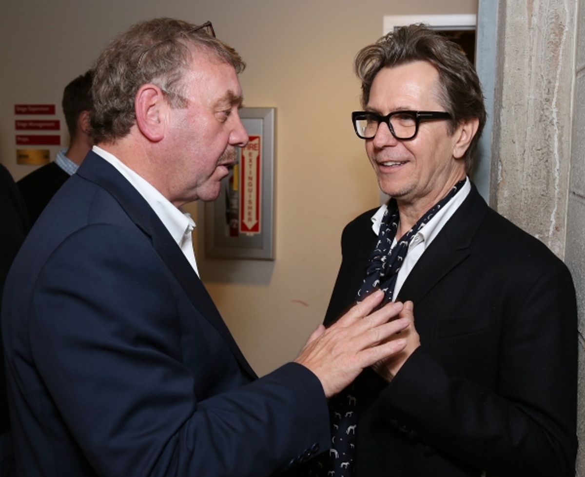 From left, director Michael Colgan and actor Gary Oldman talk backstage after the opening night performance of 'Krapp's Last Tape' at Center Theatre Group's Kirk Douglas Theatre on Wednesday,  Oct. 10, 2012, in Culver City, Calif. (Photo by Ryan Miller/Ca at 