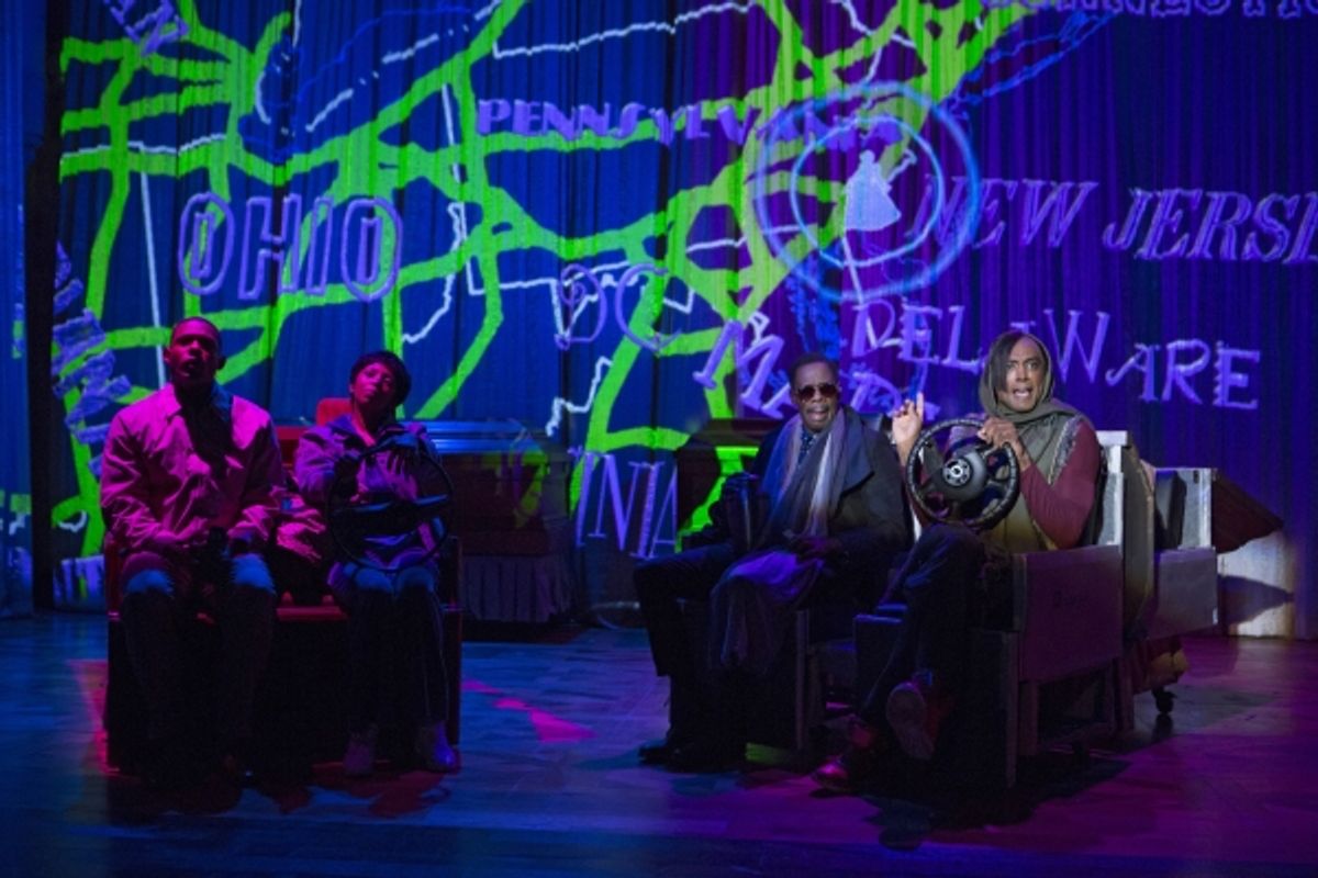 Korey Jackson, Sharon Washington, Colman Domingo, and Maurice McRae in Wild With Happy, written by Colman Domingo and directed by Robert O'Hara, running at The Public Theater at Astor Place from October 9 through November 11. Photo credit: Joan Marcus. at 