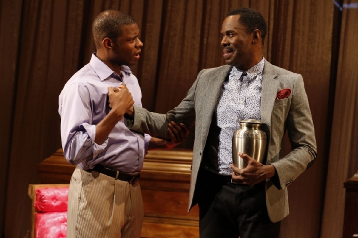 Korey Jackson and Colman Domingo in Wild With Happy, written by Colman Domingo and directed by Robert O'Hara, running at The Public Theater at Astor Place from October 9 through November 11. Photo credit: Joan Marcus. at 