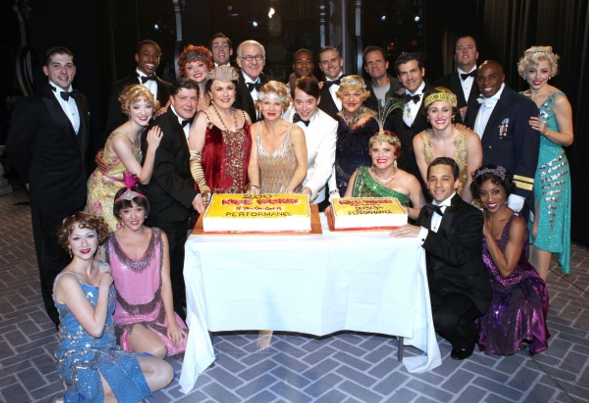 Michael McGrath, Judy Kaye, Kelli O'Hara, Matthew Broderick, Estelle Parsons and the ensemble cast backstage celebrating the 200th Performance of 'Nice Work if You Can Get It' on Broadway at the Imperial Theatre on October 16, 2012 in New York City. at 