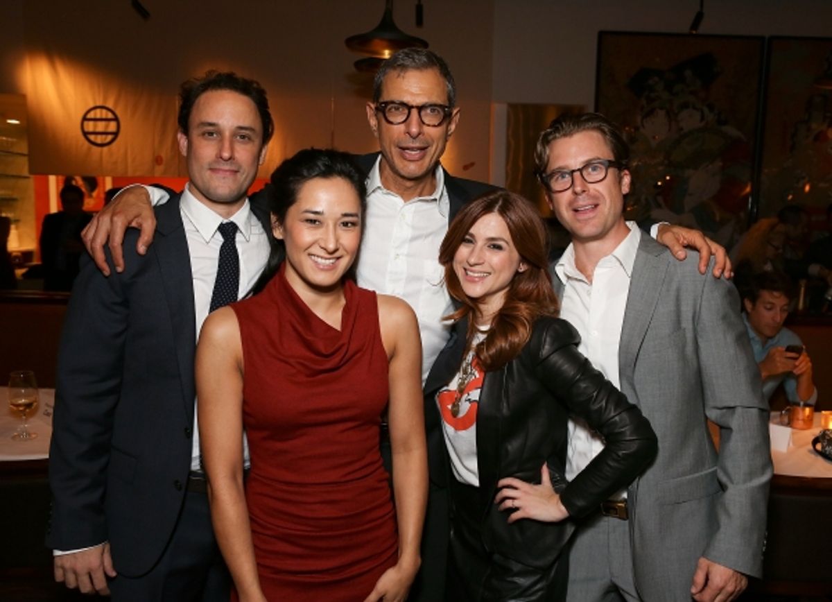 From left, cast members Greg Keller, Jennifer Ikeda, Jeff Goldblum, Aya Cash and Lucas Near-Verbrugghe pose during the party for the opening night performance of 'Seminar' at the Center Theatre Group/Ahmanson Theatre on 17,  Oct. 17, 2012, in Los Angeles, at 