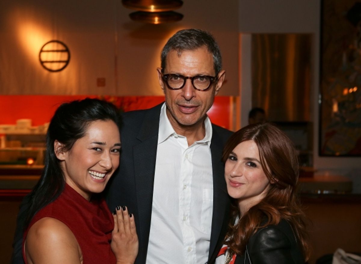 From left, cast members Jennifer Ikeda, Jeff Goldblum and Aya Cash pose during the party for the opening night performance of 'Seminar' at the Center Theatre Group/Ahmanson Theatre on 17,  Oct. 17, 2012, in Los Angeles, Calif. (Photo by Ryan Miller/Captur at 