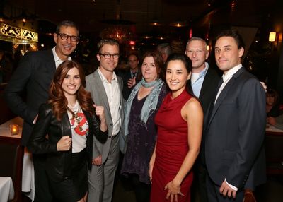 From left, cast members Jeff Goldblum, Aya Cash, Lucas Near-Verbrugghe, playwright Th Photo