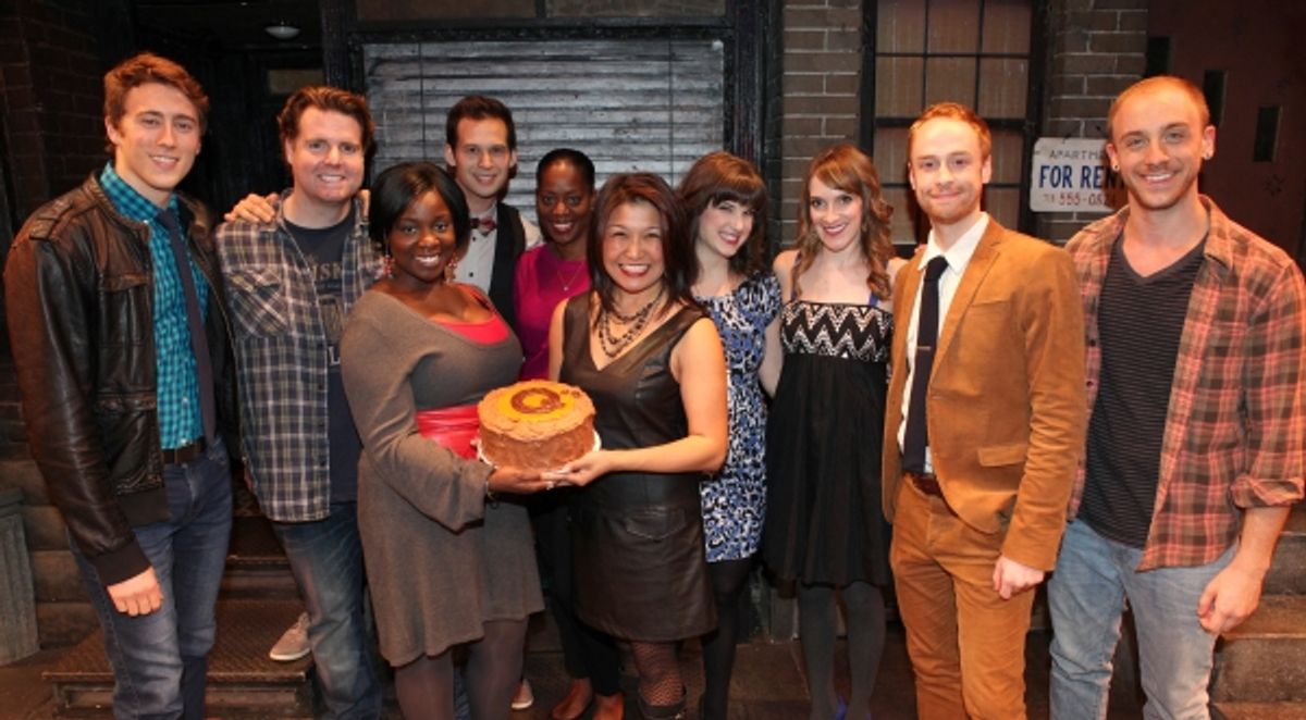 The cast of 'Avenue Q' (L to R) Darren Bluestone, Nicholas Kohn, Danielle K. Thomas, Jed Resnick, Robin S. Walker, Hazel Anne Raymundo, Veronica Kuehn, Kexy Fridell, Rob Morrison and Michael Liscio Jr. celebrating their 3rd Anniversary Off-Broadway at T at 