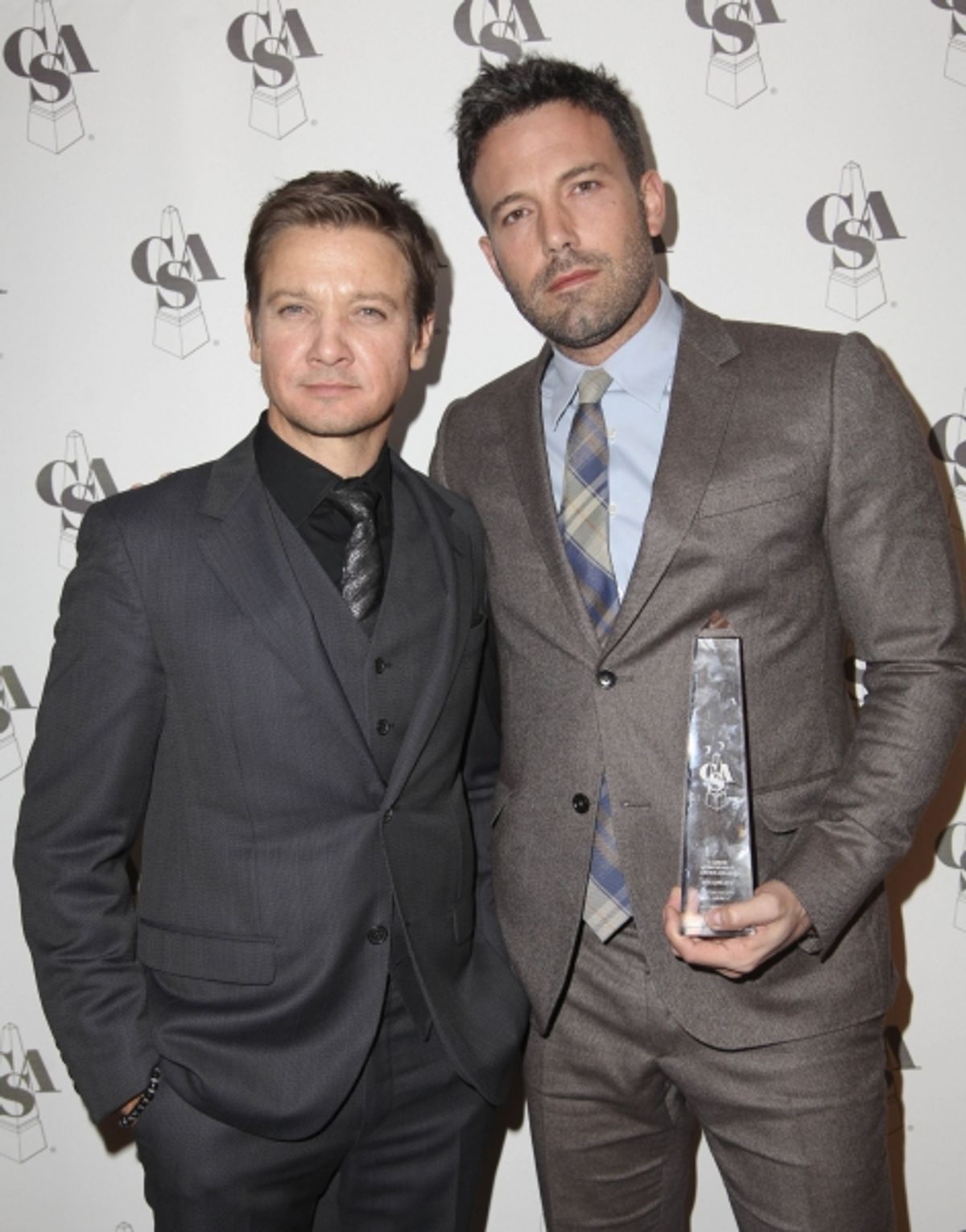 From left, actors Jeremy Renner and Ben Affleck, Career Achievement Award winner, pose backstage during the 2012 Casting Society of America Artios Awards held at the Beverly Hilton Hotel on Monday Oct. 29, 2012 in Beverly Hills, Calif. (Photo by Ryan Mill at 