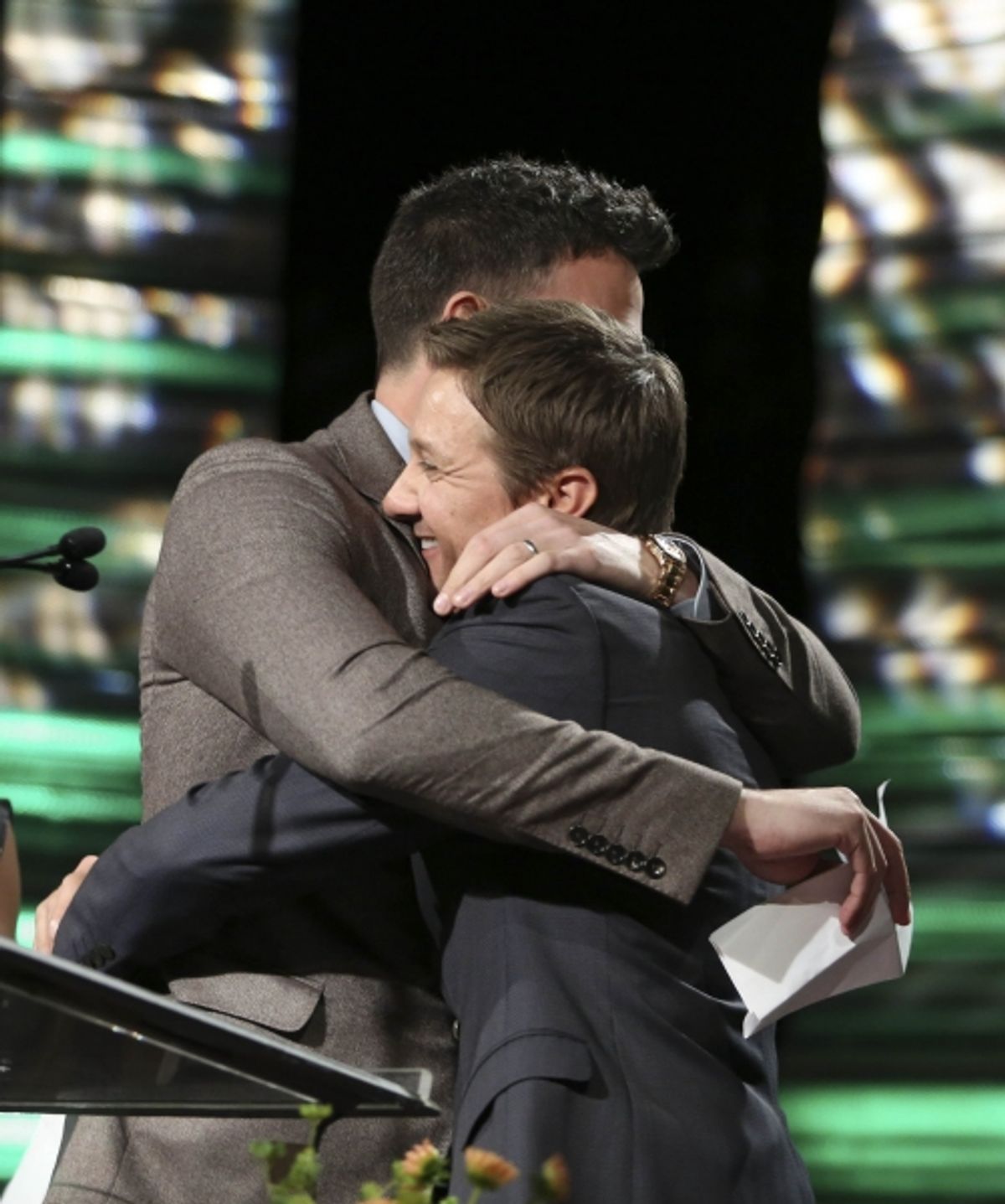 From left, Ben Affleck, Career Achievement Award winner hugs presenter Jeremy Renner during the 2012 Casting Society of America Artios Awards held at the Beverly Hilton Hotel on Monday Oct. 29, 2012 in Beverly Hills, Calif. (Photo by Ryan Miller/Capture I at 