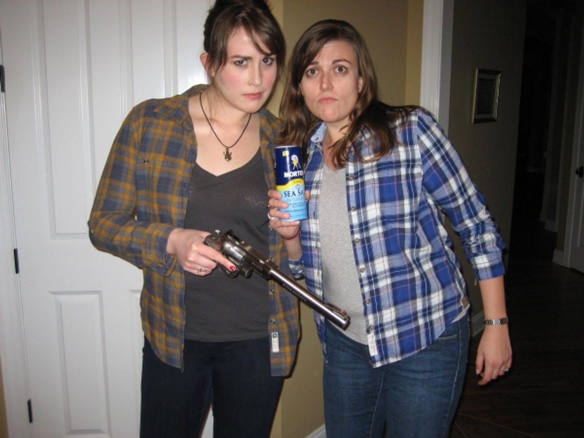 Laura Crockarell and her sister as the female versions of Supernatural's Sam and Dean Winchester at 